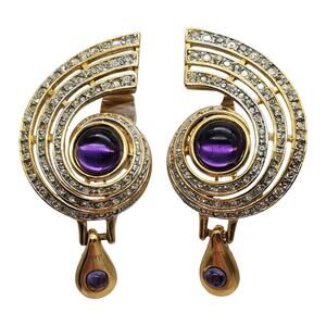 GemCraft 1980s Earrings Purple Clip On Craft Gold Nautilus Deco Style Statement